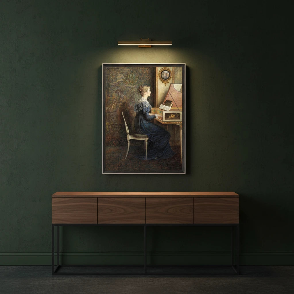 “An Old Song” by William John Hennessy in a black gallery frame, illuminated by a focused picture light above a walnut console; dark moss wall, rich tones and subtle reflections create a modern heritage aesthetic.
