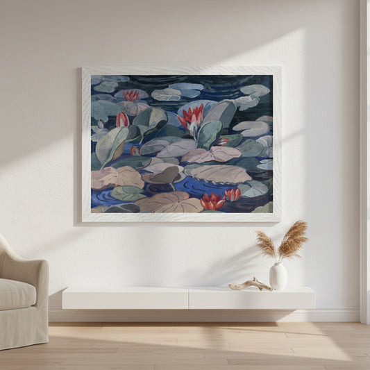 A Water-Lily Pond (c.1919) by Mainie Jellett, white contemporary wooden frame hanging in a modern coastal home interior, soft pastel colour palette, warm sunlight, textured white wall, clean airy styling, luxury lifestyle setting, crisp resolution