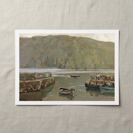 The Harbour, Leenane – James Humbert Craig Irish Landscape Art Print 70×100 cm unframed archival print resting on light linen fabric. Soft natural daylight, gentle shadows, artisanal fine-art photography style.