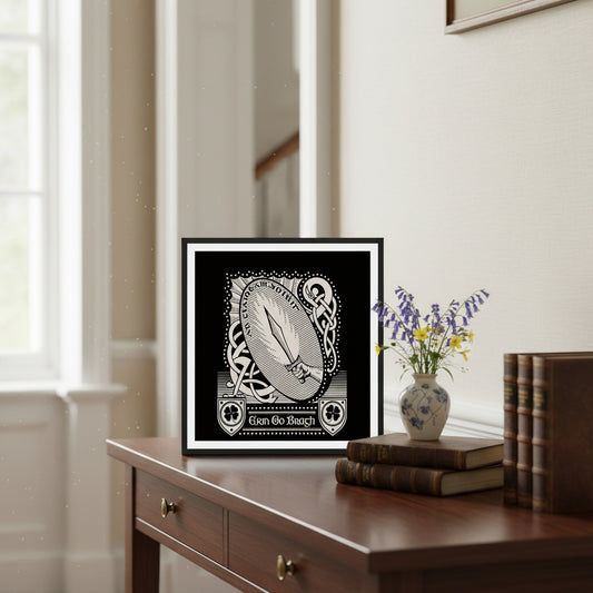 A premium unframed Erin Go Bragh – “Ireland Forever” art print resting on a wooden console in a Georgian hallway with soft daylight and linen-textured walls. A small vase of wild Irish flowers and antique Gaelic books complete the scene — minimalist, warm, heritage-inspired.