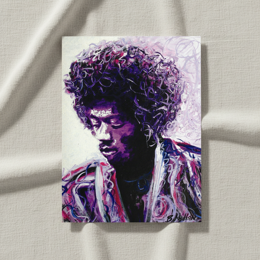 Jimi Hendrix Purple Haze Framed Wall Art Print by Irish Artist — in a room setting
