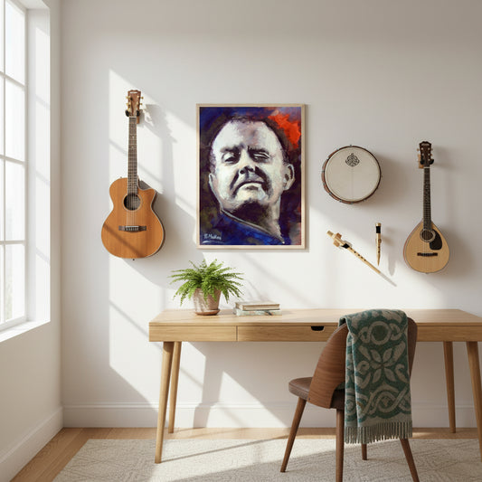Christy Moore art print framed in natural oak, placed in music-themed home office with instruments on wall, soft daylight, minimalist Irish décor.