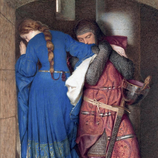 Hellelil and Hildebrand, The Meeting on the Turret Stairs (1864) by Frederic William Burton, romantic medieval love scene art print