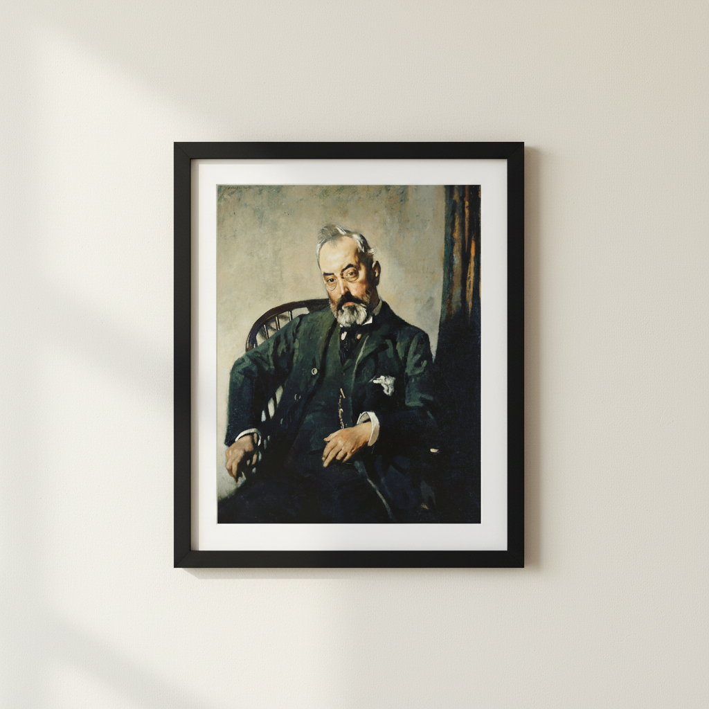 Timothy Healy by William Orpen in a slim black frame on an off-white lime plaster wall, no mat or white border