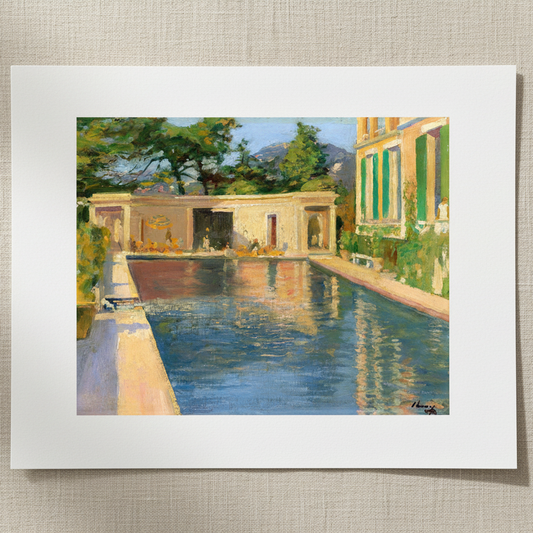 Swimming Pool, Southern France by Sir John Lavery, unframed archival art print resting on light linen fabric in soft natural daylight
