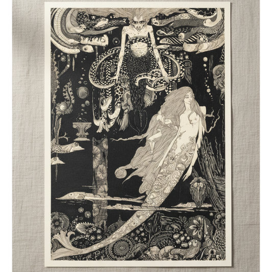 The Little Sea Maid by Harry Clarke, unframed archival art print resting on light linen fabric in soft natural daylight