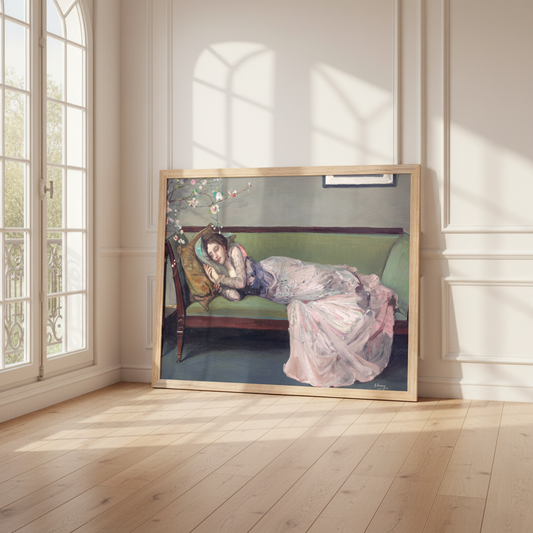 The Green Sofa by Sir John Lavery, art print in a natural wood frame