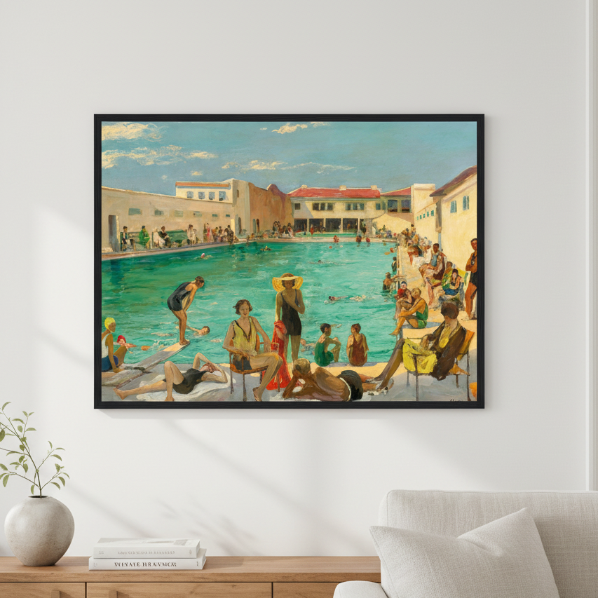 Framed artwork of a beach scene with people in a pool, displayed on a wall above a sofa.