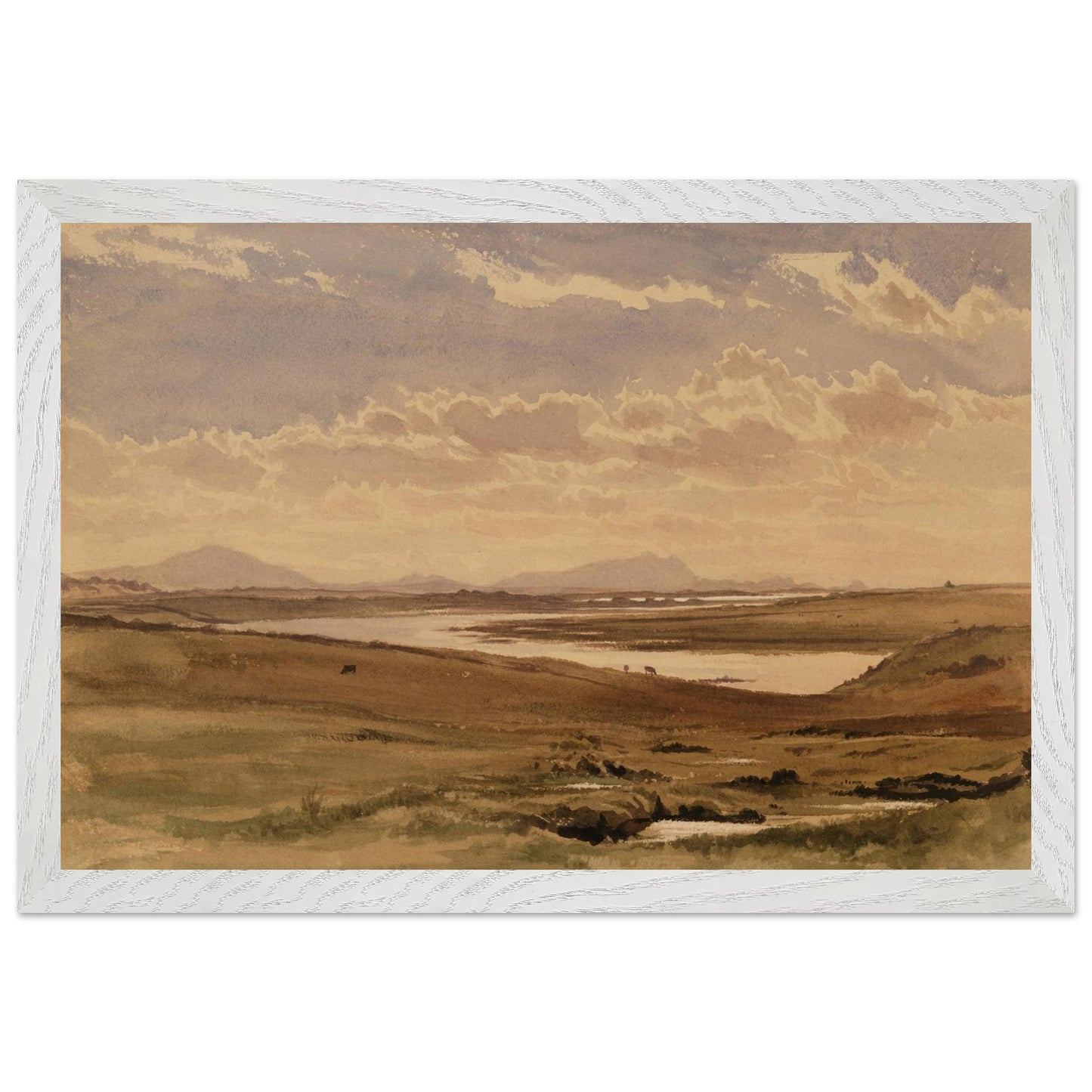 Irish landscape art reproduction featuring Lough Corrib in a natural oak frame.