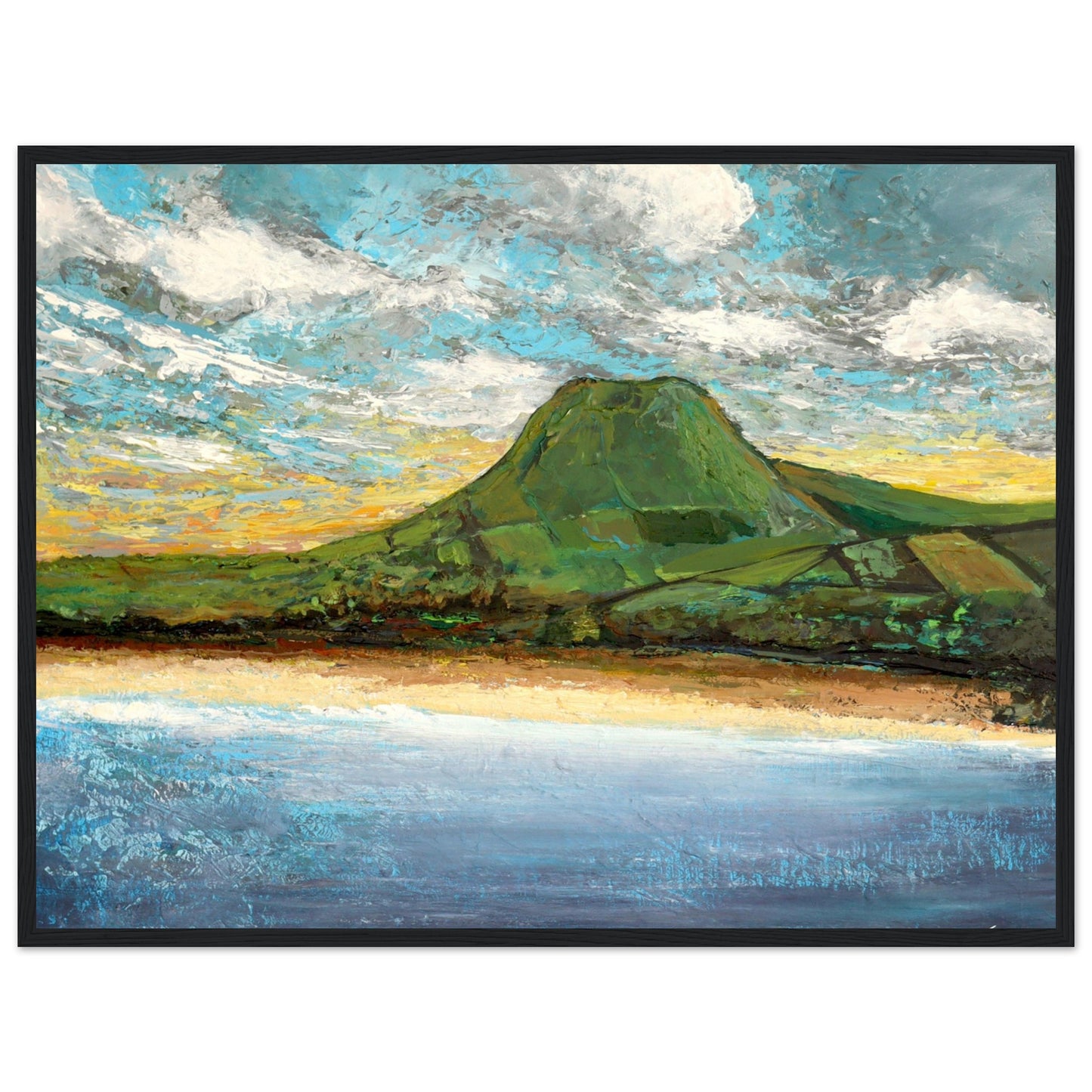 Framed semi-abstract giclee print by Irish artist Ó Maoláin featuring Lurig Mountain and Cushendall Beach in Antrim. The vibrant landscape captures the scenic beauty of the rural beach with its crystal clear waters and sheltered bay, perfect for sea swimming.