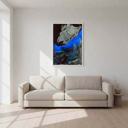 Harry Clarke Poe art print in clean white frame on gallery-white wall, styled in minimalist Scandinavian living room, pale linen sofa, neutral palette, soft morning sunlight, polished oak floor.