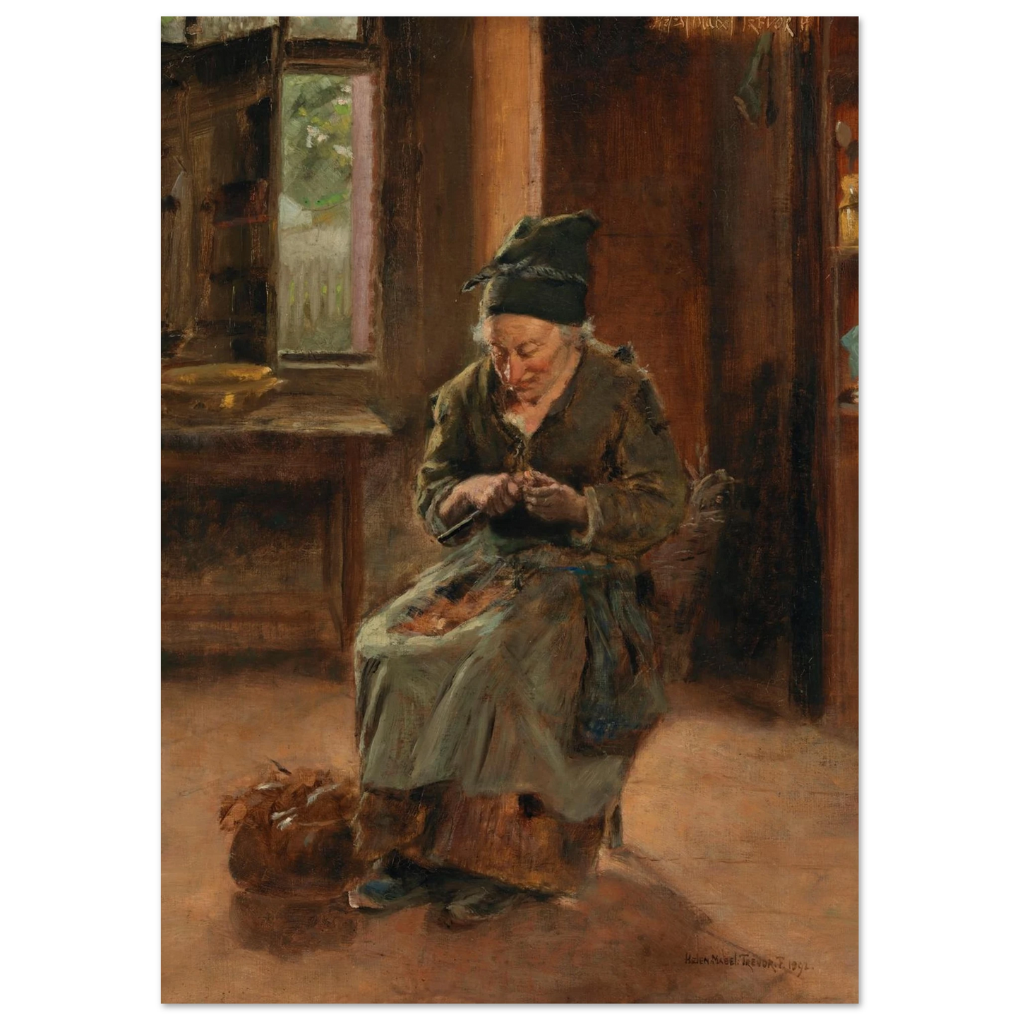 Painting of an elderly woman sitting and knitting in a rustic interior setting.