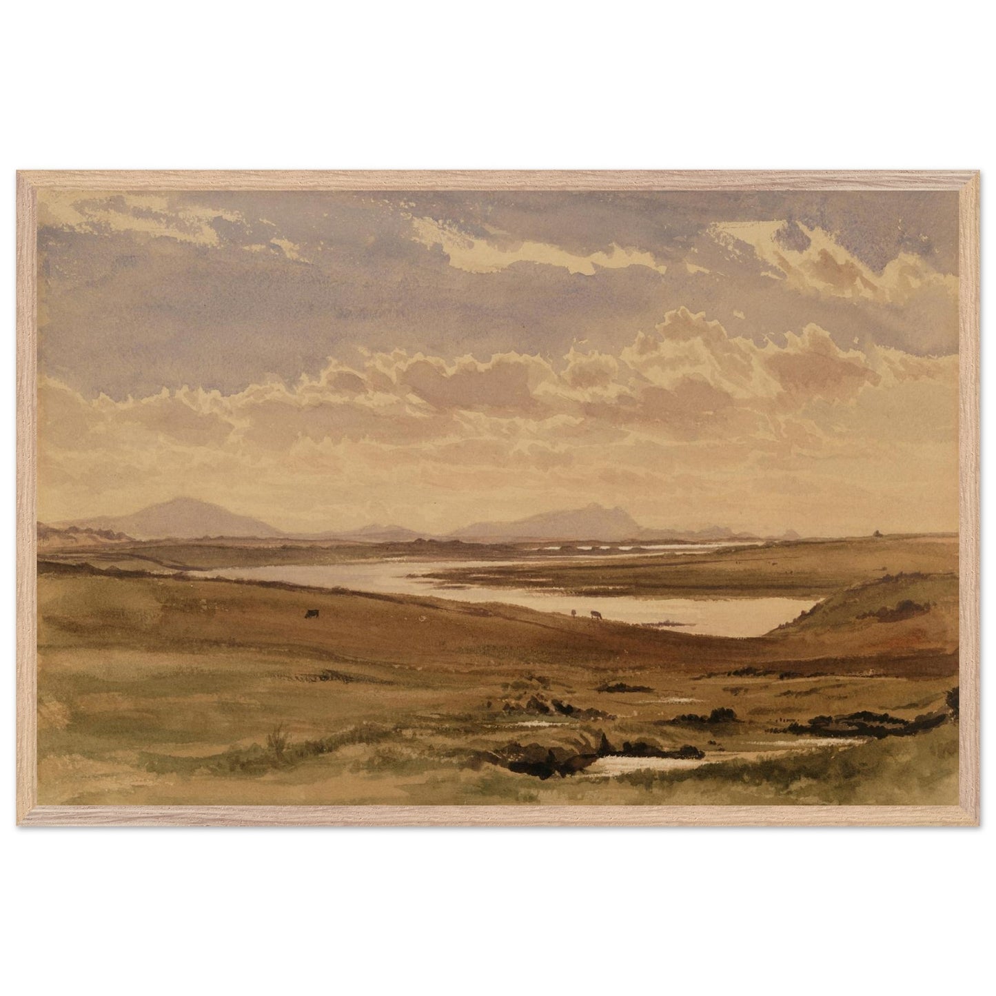 Detail of sustainably sourced oak frame with rich wood grain for Irish landscape art print.
