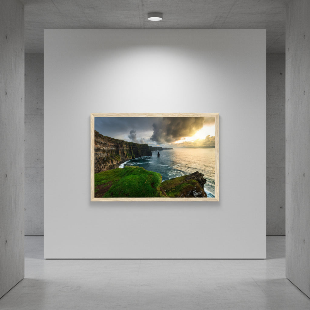 60×90 cm print on gallery-white wall, under directional spotlighting in a minimalist concrete hallway.