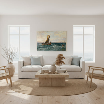 Natural oak frame version of A View of Dublin Bay displayed in a coastal-style living room with whitewashed walls, jute rug, and driftwood accents; sunlight streaming through seaside windows