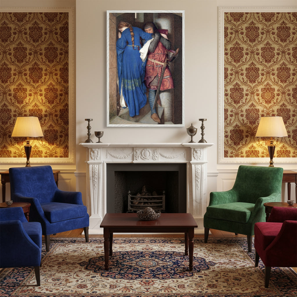A 60×90 cm framed print of The Meeting on the Turret Stairs above a marble fireplace in an Edwardian drawing room. Velvet armchairs, patterned wallpaper, and warm lamplight create a refined historical ambience