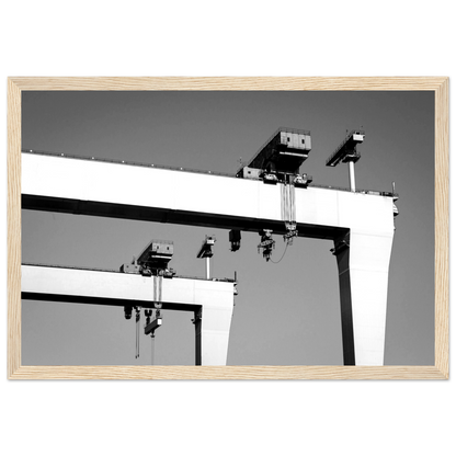 Framed wall art print featuring a detailed historical image of the Harland & Wolff shipyard, known for constructing the RMS Titanic. Perfect for maritime enthusiasts, this vintage-style decor piece captures the essence of shipbuilding heritage and industrial history.