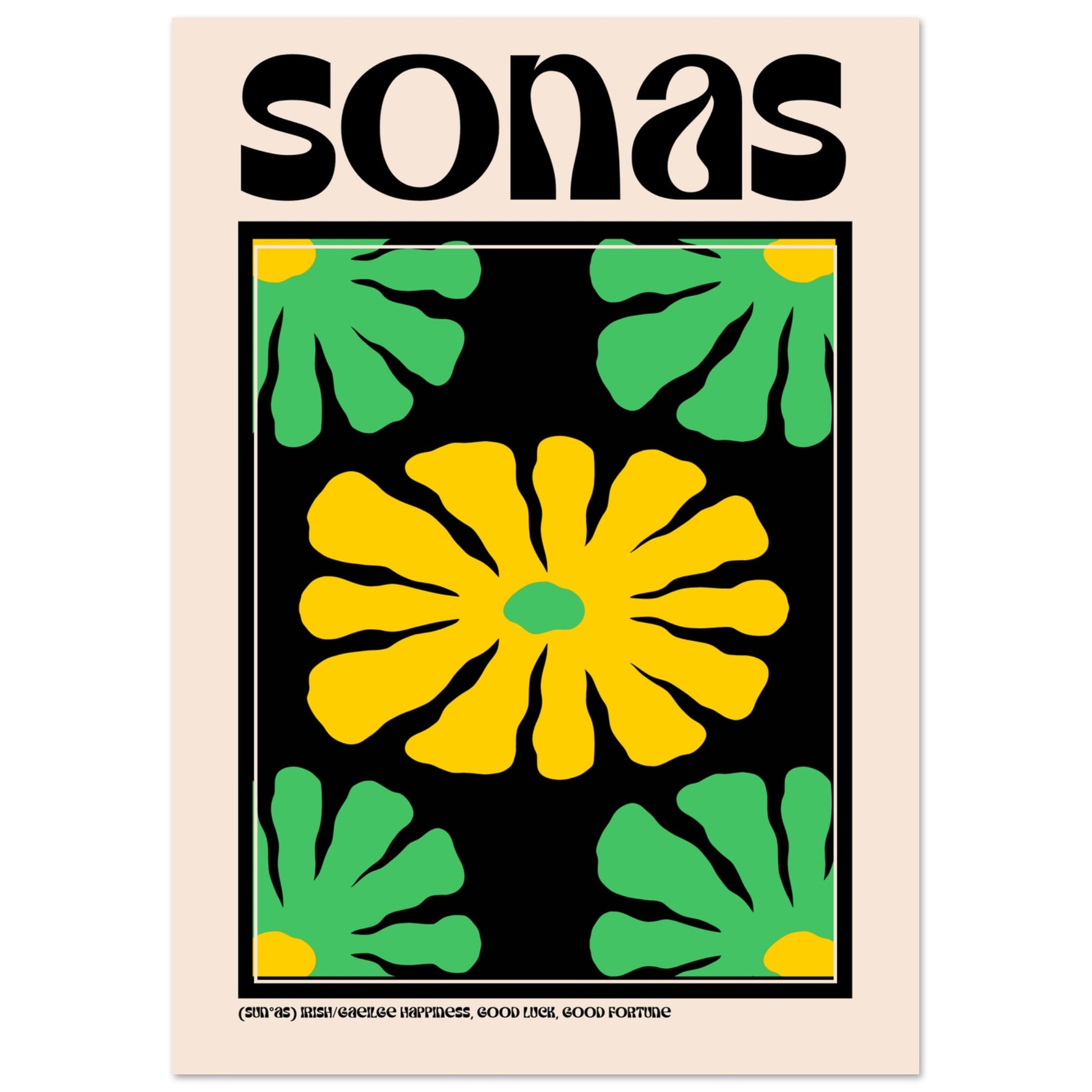 A2 large “Sonas” art print with striking yellow and green flower design representing happiness.