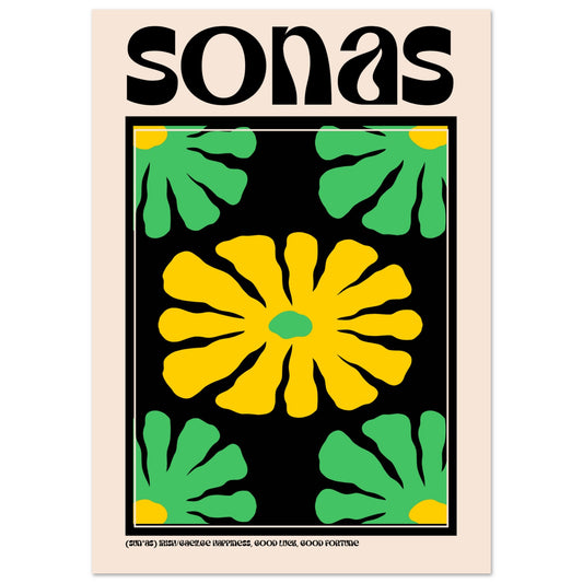 A4 “Sonas” Gaeilge art print with vibrant floral motif symbolising happiness and good fortune.