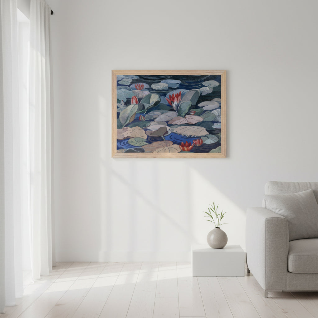 A Water-Lily Pond (c.1919) by Mainie Jellett premium natural oak framed art print on a clean Scandinavian living room wall, warm natural light through sheer curtains, soft interior shadows, white oak flooring, simple elegant decor, refined collector home atmosphere.
