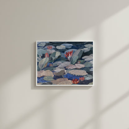 A Water-Lily Pond (c.1919) by Mainie Jellett unframed fine art print, clean straight-on view, artwork printed on thick matte museum paper with subtle texture, no frame, no borders, displayed on a smooth neutral gallery wall, soft diffused daylight, minimal shadows, luxury museum aesthetic.
