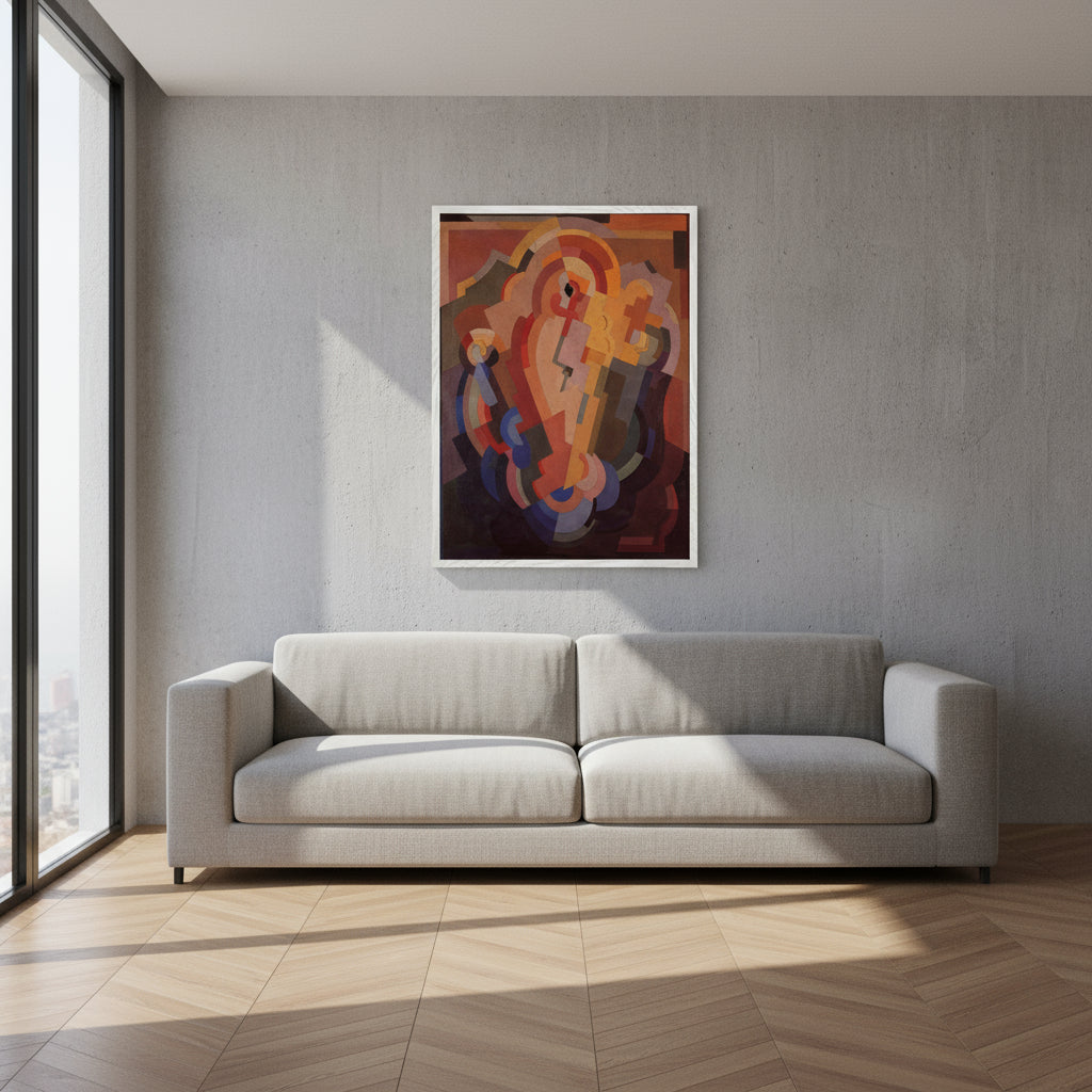 A serene interior featuring pale plaster walls, tatami-style flooring and low walnut furniture. Jellett’s Abstract Composition in a white frame introduces colour and movement, blending modernist geometry with spiritual calm and balance.