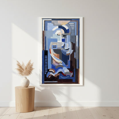 Unframed art print on white wall, minimalist Scandinavian interior, soft daylight, floating frame layout, Abstract Blue Composition by Mainie Jellett, premium matte texture visible, styled with small oak side table and ceramic vase.