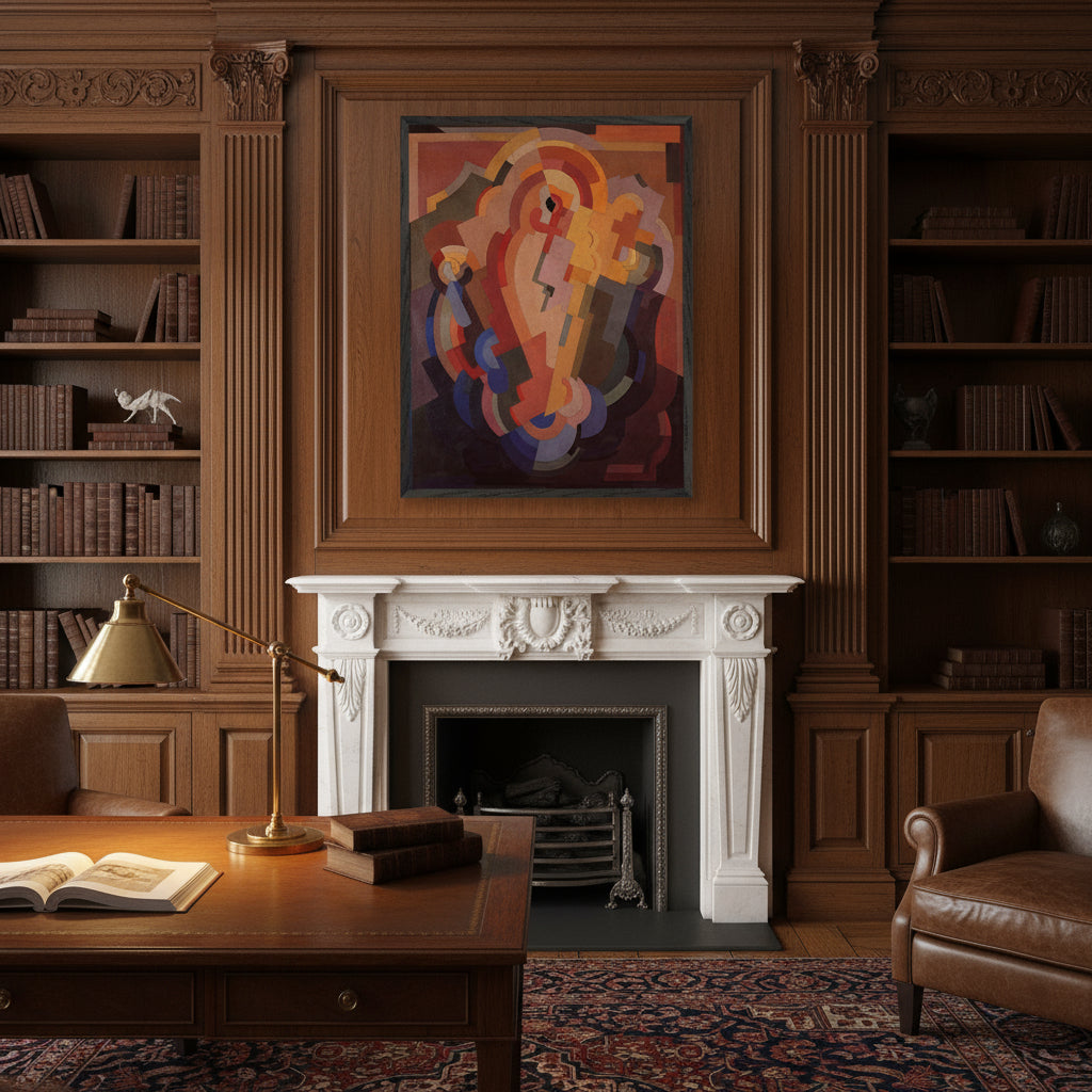 Abstract Composition by Mainie Jellett in oak frame above marble fireplace in Georgian townhouse.