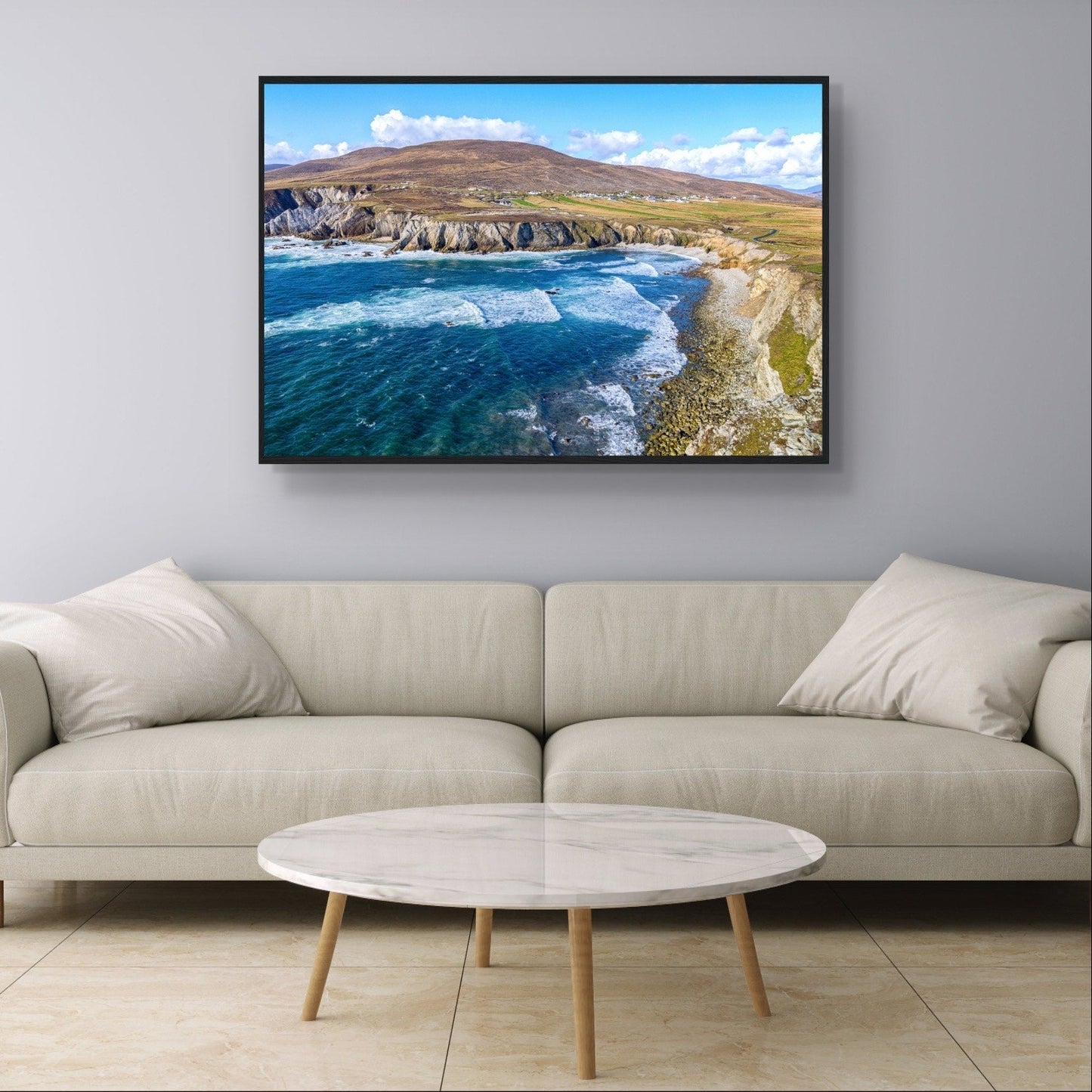 Framed print of Achill Island and the Wild Atlantic Way, showcasing rugged cliffs, the vast Atlantic Ocean, and rich, intricate colors. Perfect for adding the untamed beauty and unique charm of the Irish west coast to any space. Ideal for art lovers and coastal enthusiasts.