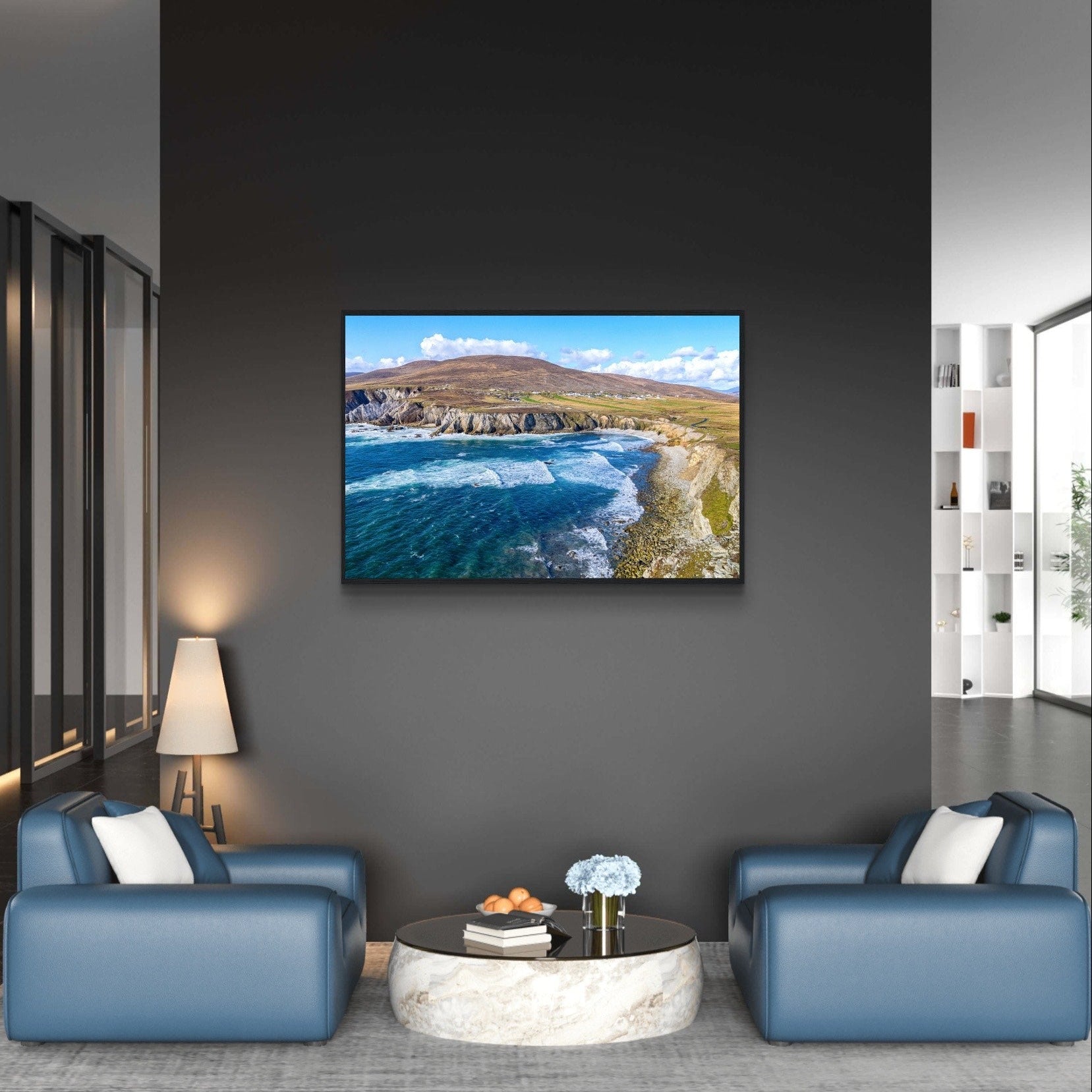 Framed print of Achill Island and the Wild Atlantic Way, showcasing rugged cliffs, the vast Atlantic Ocean, and rich, intricate colors. Perfect for adding the untamed beauty and unique charm of the Irish west coast to any space. Ideal for art lovers and coastal enthusiasts.