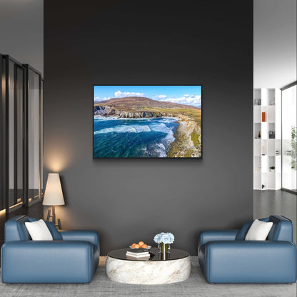 Framed print of Achill Island and the Wild Atlantic Way, showcasing rugged cliffs, the vast Atlantic Ocean, and rich, intricate colors. Perfect for adding the untamed beauty and unique charm of the Irish west coast to any space. Ideal for art lovers and coastal enthusiasts.