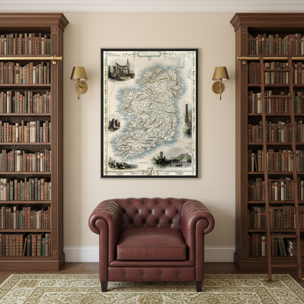 Black-framed vintage Ireland map between oak bookcases in classic library