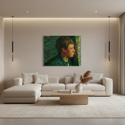 Breton Boy in Profile art print by Roderic O’Conor 40x50 cm in luxury modern living room with oak furniture and soft lighting”