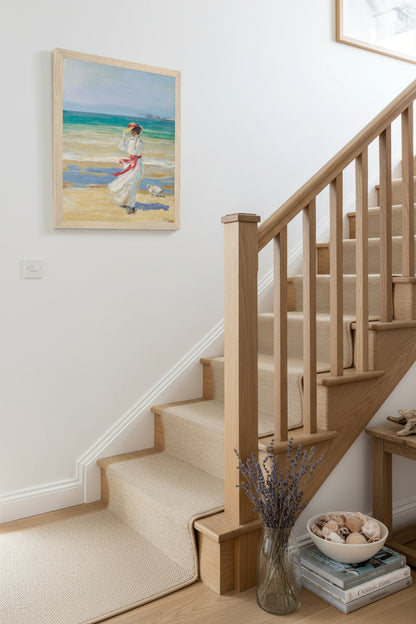Coastal staircase vignette, natural oak/wood frame 40x50cm art print