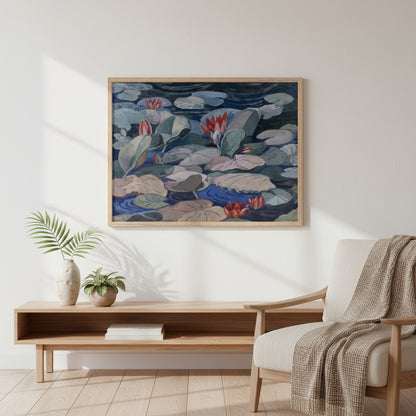 Collector’s Edition art print of Mainie Jellett’s 1919 Water-Lily Pond, museum-quality reproduction with soft blues, greens, and red water lilies.
collector’s edition art, natural oak frame, archival matte print of water-lily artwork, warm Scandinavian interior, soft window light, minimalist luxury styling, high-resolution detail
