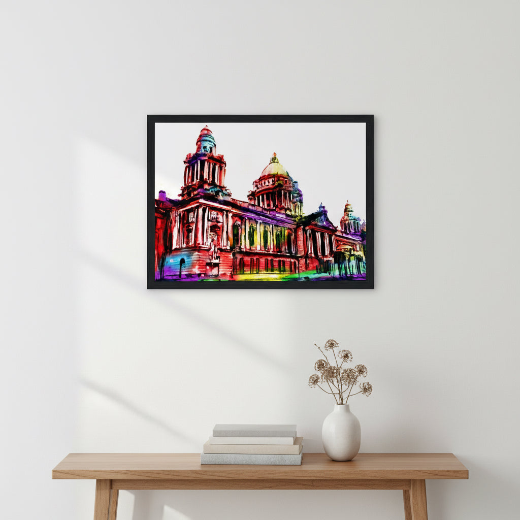 Colourful Belfast City Hall framed art print by Irish artist Ó Maoláin in black frame, 30x40 cm landscape, hanging on a white wall.