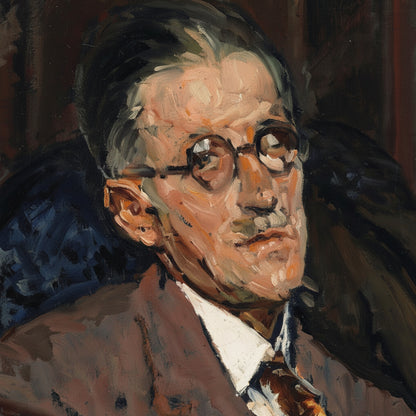 Cropped close-up of James Joyce’s face from the print, showing painting detail, texture, shadow depth, and high-quality reproduction, fine art macro photography.
