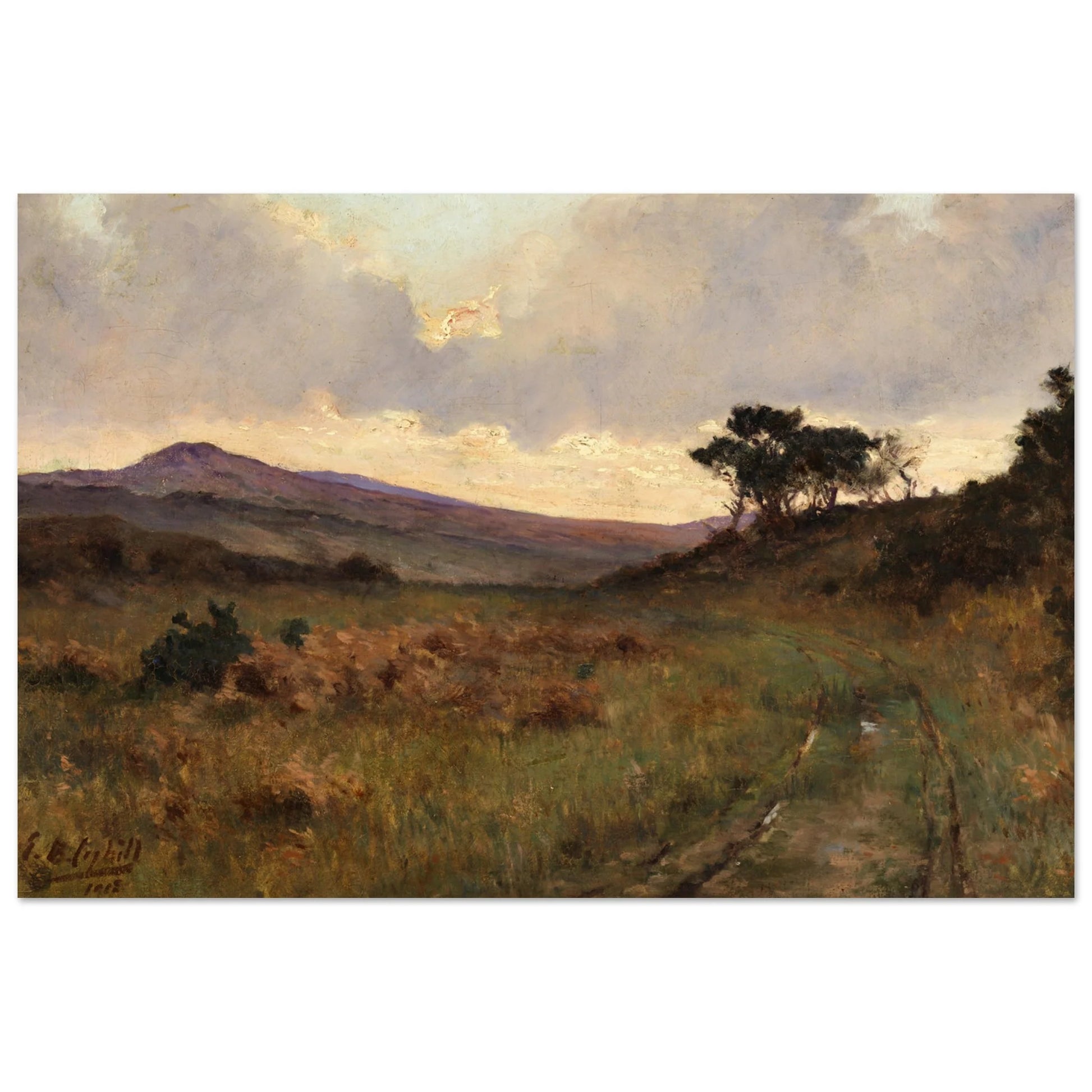 Egerton Coghill landscape A View of Castletownshend, soft evening light over West Cork hills and track, Painting of a landscape with a path, trees, and mountains under a cloudy sky.