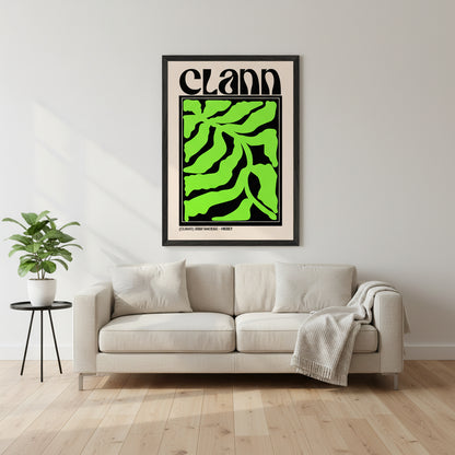 Framed Clann Irish family print in modern abstract style on interior wall. Buy Irish Art