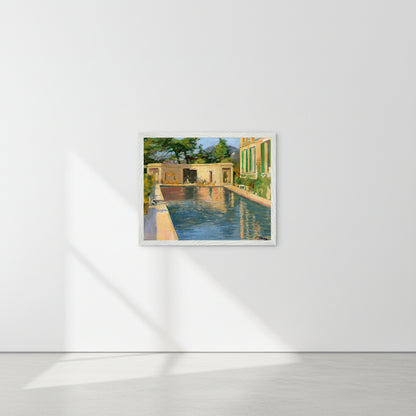 Framed Lavery print in a premium white frame displayed on a spotless gallery wall. Balanced natural daylight, soft shadowing, museum aesthetic.