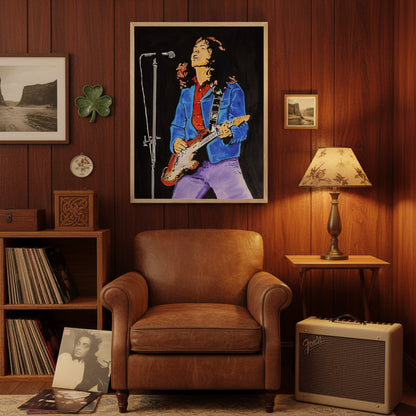 Framed Rory Gallagher art print displayed in an elegant luxury living room with neutral décor.