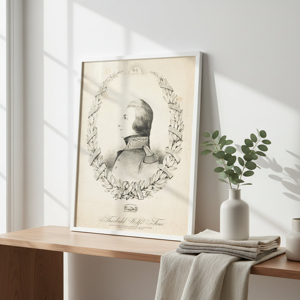 Framed Wolfe Tone print in white, leaning casually against a wall on a console table beside a vase of eucalyptus and Irish linen textiles. Daylight from large windows, subtle reflection on plexiglass — lifestyle luxury appeal.