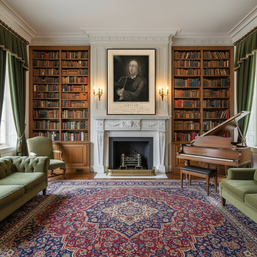 Framed portrait of Turlough O’Carolan displayed above marble fireplace in a Georgian library with oak bookshelves and antique décor