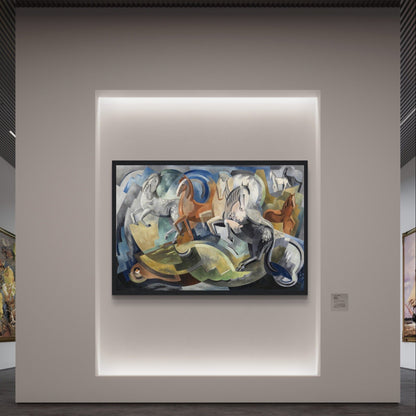 Framed print of 'Achill Horses' by Mainie Jellett hanging on a modern art gallery wall in Ireland, showcasing abstract Irish landscape in Cubist style.