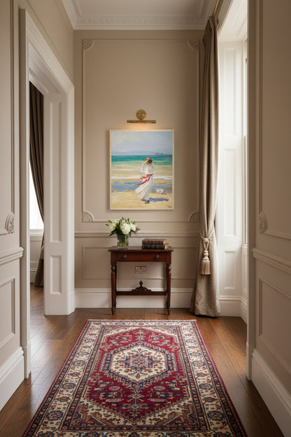 Georgian Dublin townhouse hallway, warm neutral paint, antique runner, brass picture light above, wood frame 40x50cm art