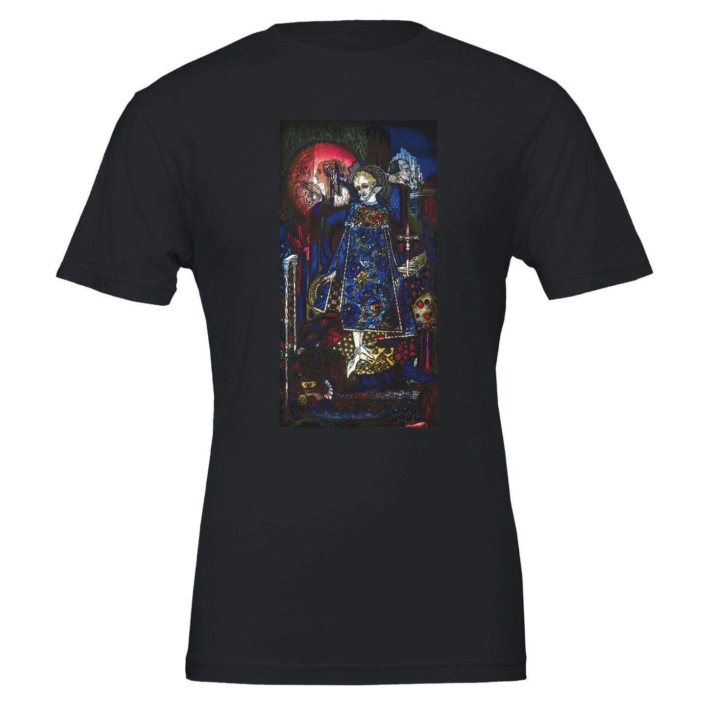 Harry Clarke Irish Art T-shirt in vintage black, Gothic Art Nouveau style, lifestyle setting.