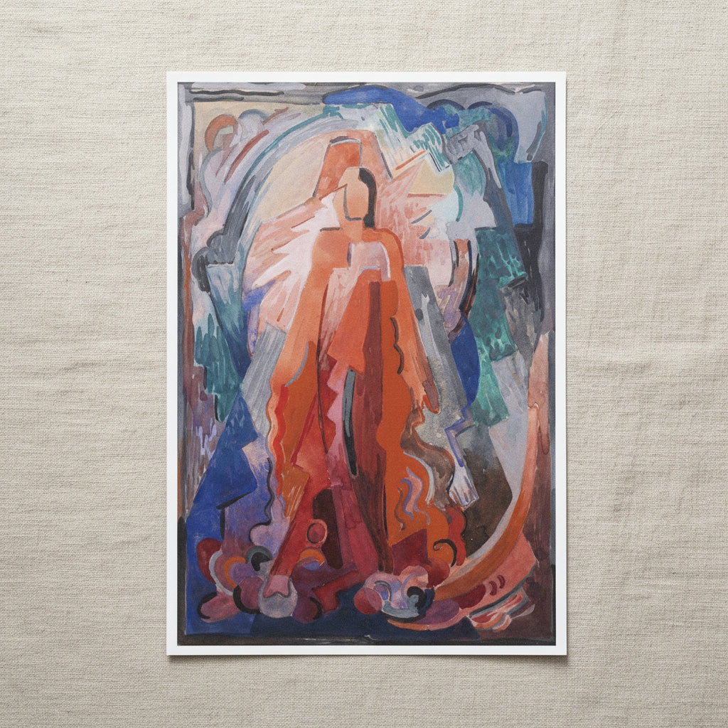 I Have Trodden the Winepress Alone by Mainie Jellett – unframed museum-quality Irish Modernist religious art print unframed museum-quality art print of Mainie Jellett “I Have Trodden the
Winepress Alone”, flat lay on textured linen surface, soft natural shadows,
visible matte paper texture, clean premium studio aesthetic, 4K product shot
