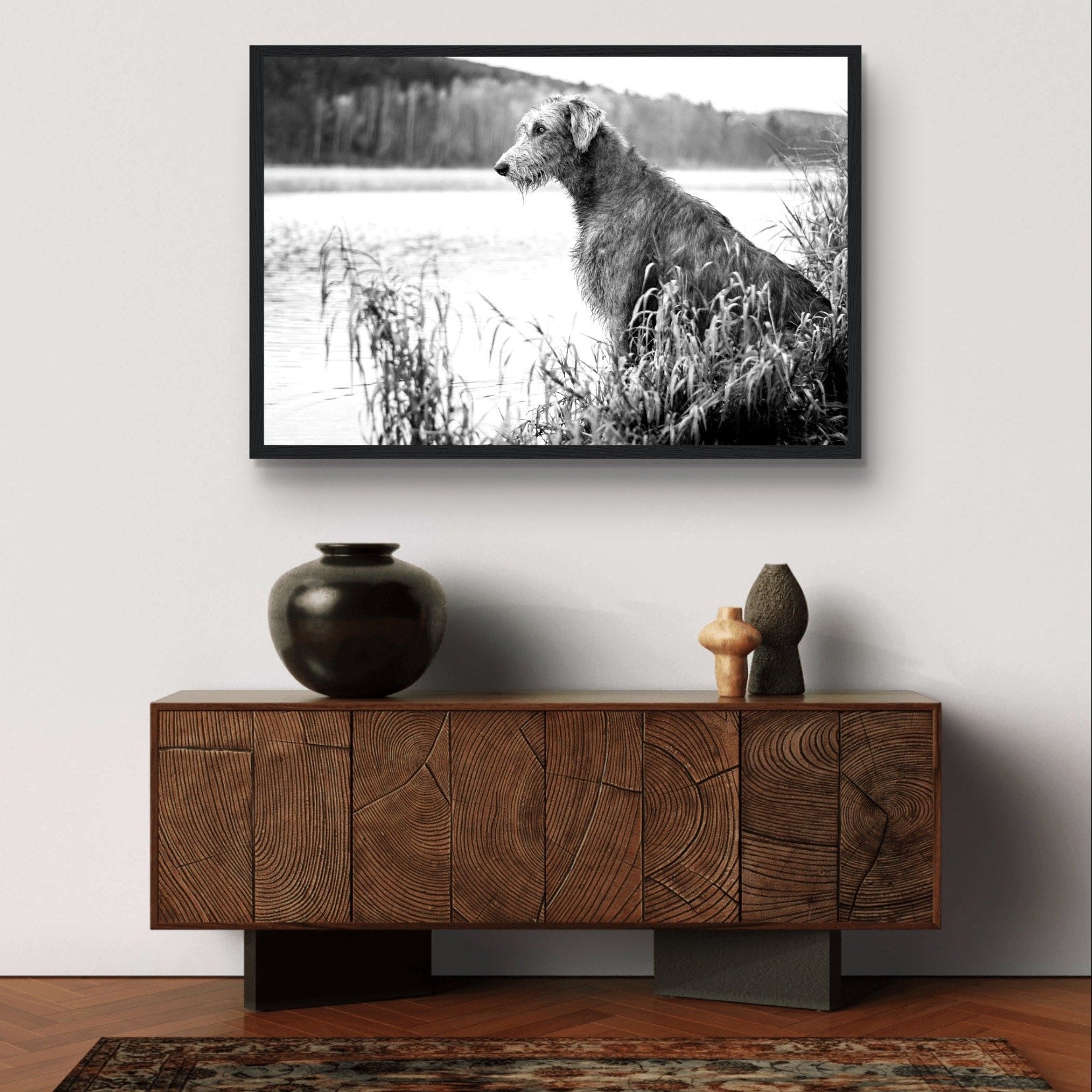 Stunning framed print featuring an Irish Wolfhound, capturing its noble stature & strength. A timeless addition celebrating Ireland's rich heritage & the beauty of these iconic dogs.