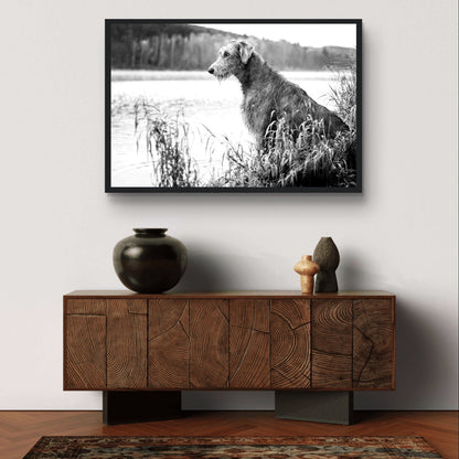 Stunning framed print featuring an Irish Wolfhound, capturing its noble stature & strength. A timeless addition celebrating Ireland's rich heritage & the beauty of these iconic dogs.