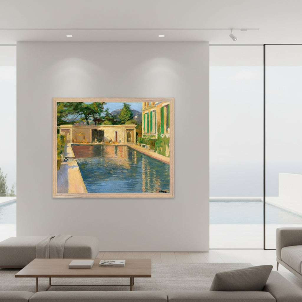 Irish Artist Sir John Lavery Art Print Framed artwork displayed in a contemporary interior with a hint of an outdoor pool or terrace in the background, reinforcing the painting’s setting.